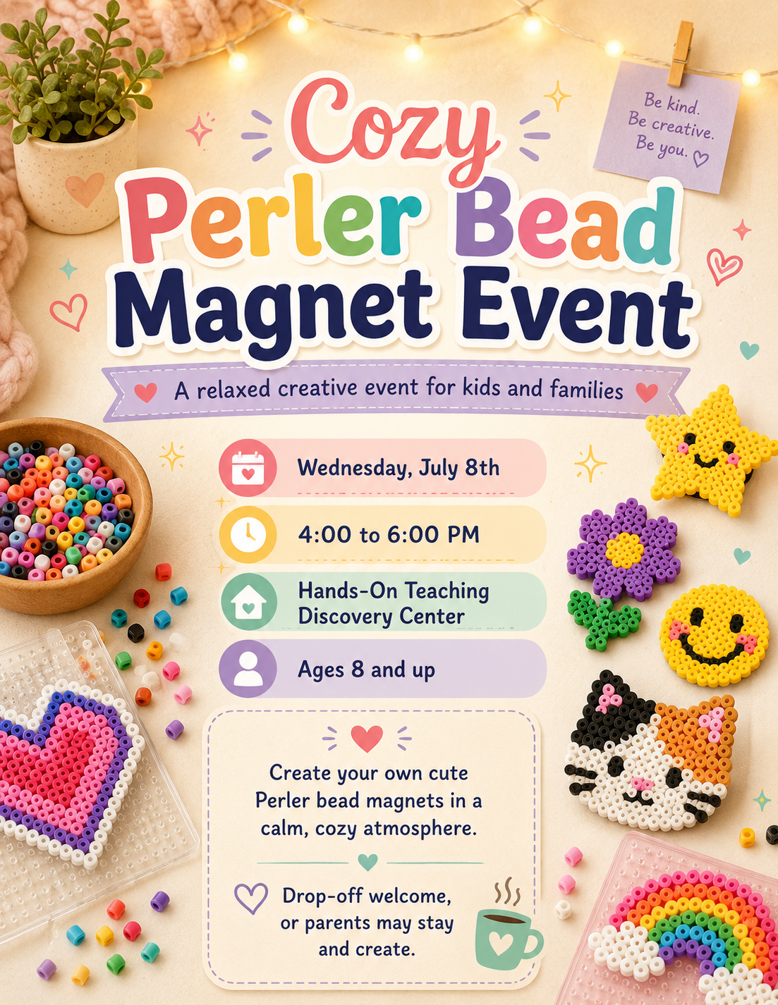 Cozy Perler Bead Magnet Event 7/8/26 from 4:00 to 6:00